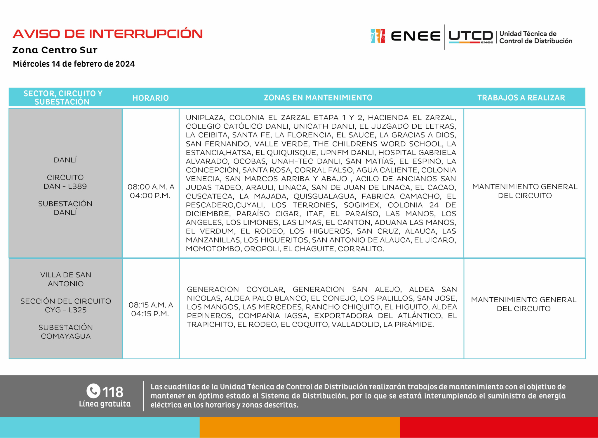 Cortes de energía eléctrica programados para este miércoles 14 de febrero en Honduras